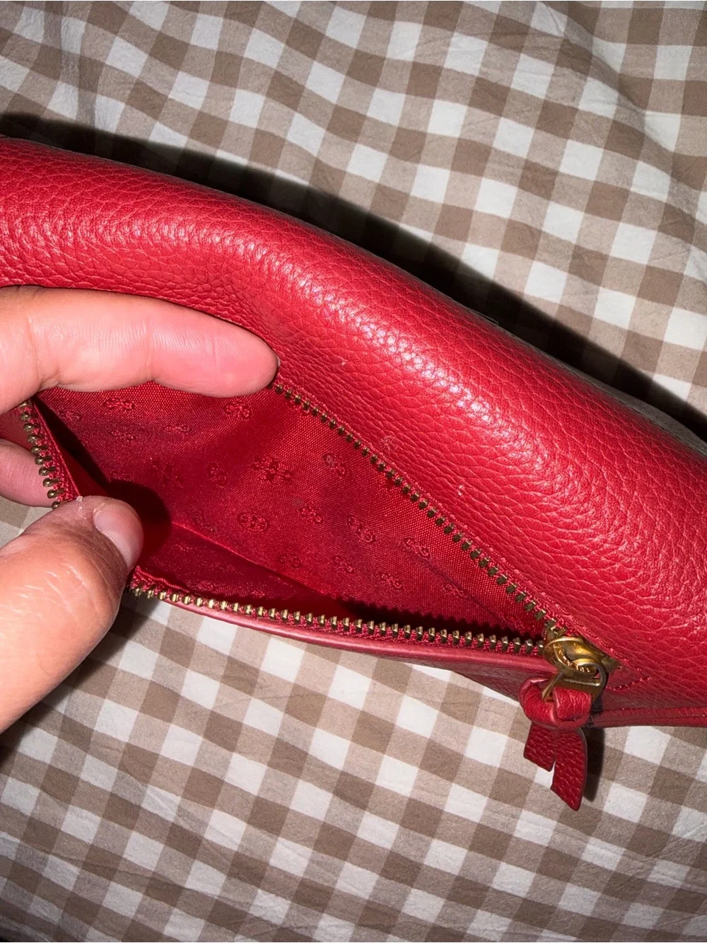 TORY BURCH Red Leather Wristlet with Gold Logo Accent